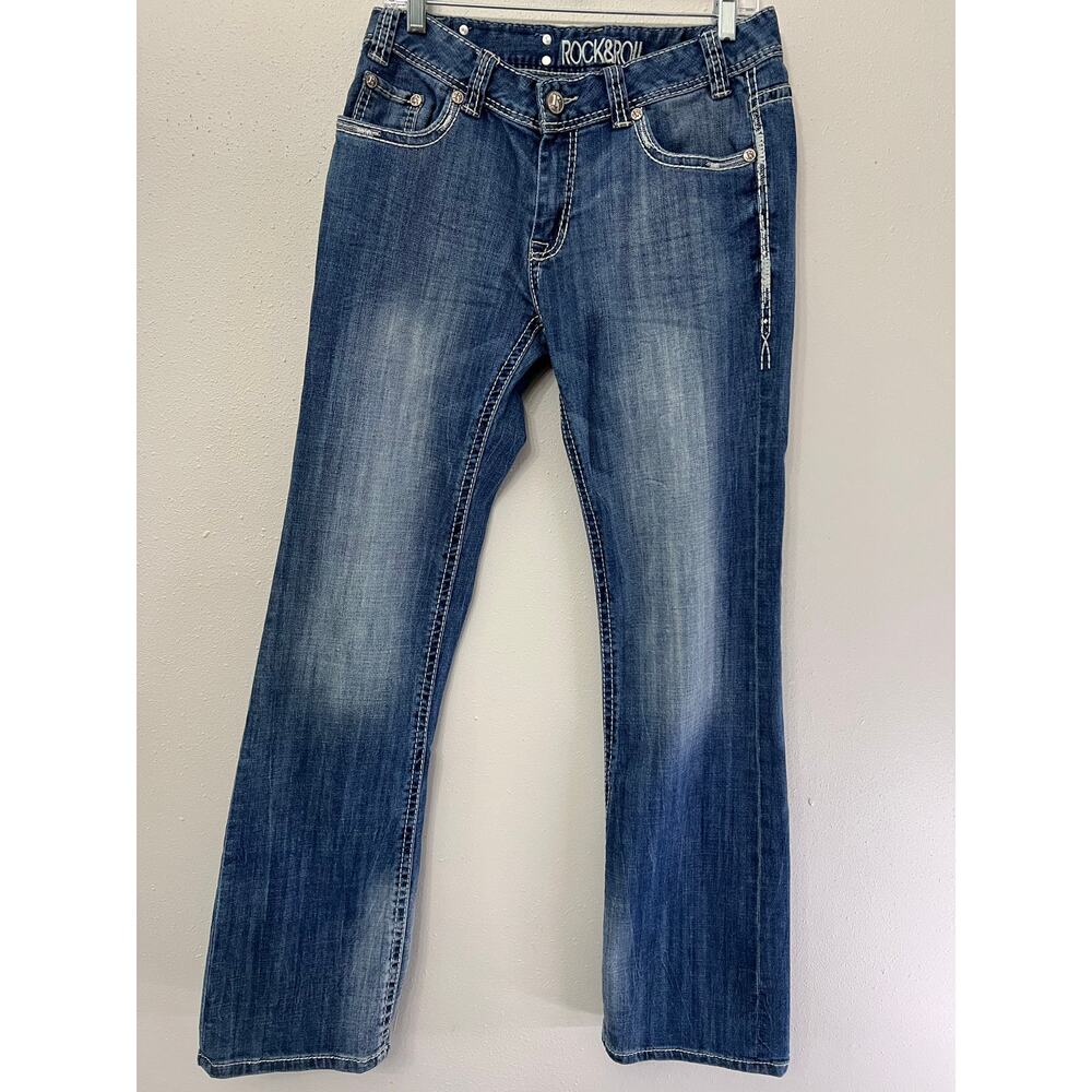 Rock&Roll Cowgirl Jeans 30X34 Rhinestones Mid Rise‎ Distressed Straight Western
